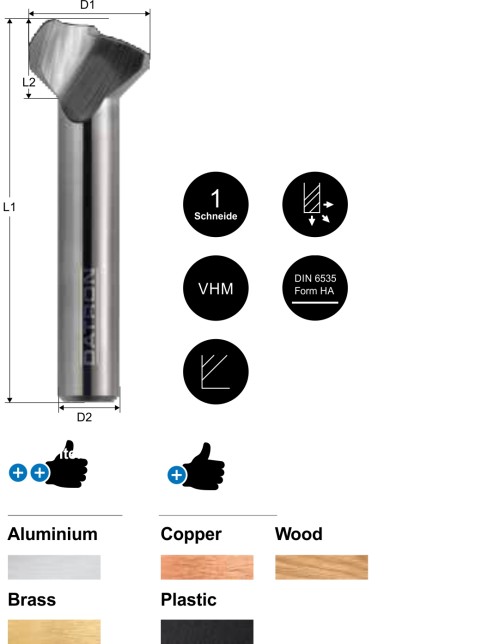 1-skärig Planfräs med avsats och med optimerad spånkanal för snabb och effektiv spånmatning. Passar för Aluminium, Mässing, Koppar, Trä och Plast